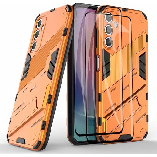 Coque De Protection Samsung Galaxy A25 5g Tpu Silicone + Pc Antichoc Avec Support Intégré Et 2 Verres Trempés - Style Punk, Orange