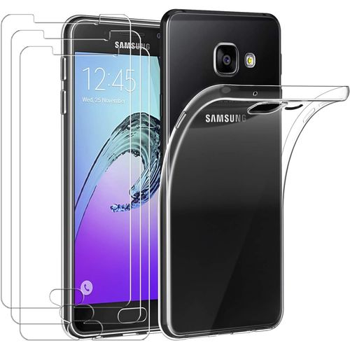 Coque De Protection Samsung Galaxy A3 2016 Avec 3 Films Écran Verre Trempé 9h, Silicone Souple Antichoc, Ultra Mince Et Transparente