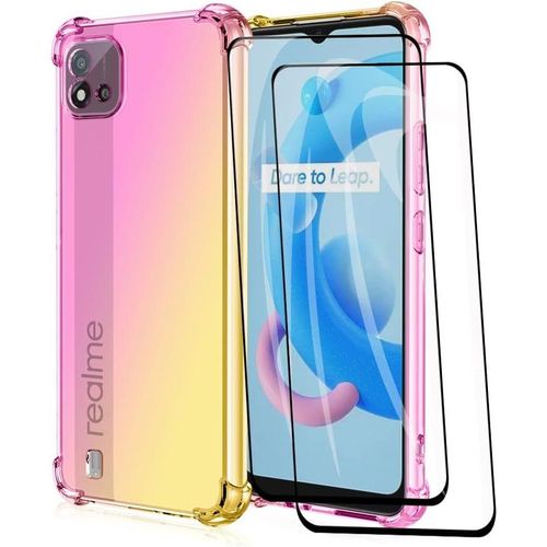 Coque De Protection Realme C11 2021 Transparente Antichoc Avec Tpu Ultra Slim, Renforts Angulaires Et Protection Écran - Dégradé Rose/Or