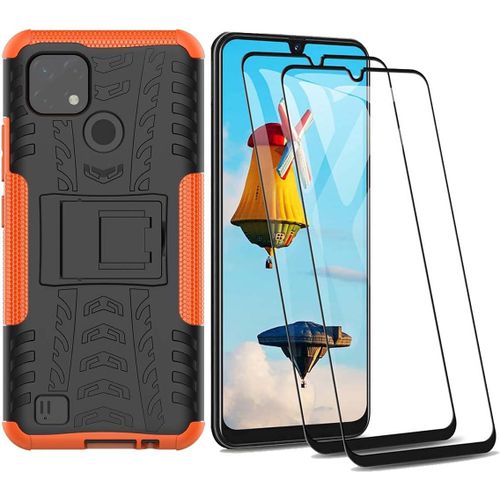 Coque De Protection Realme C21 Avec Verre Trempé 9h, Étui Antichoc 360° Pc Rigide + Tpu Souple, Support Pliable Et Anti-Rayures - Orange