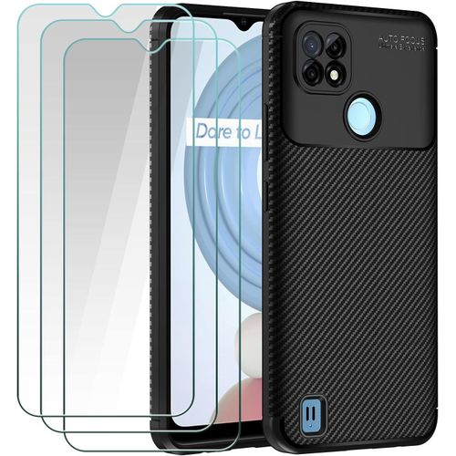 Coque De Protection Realme C21 Avec 3 Verres Trempés 9h, Fibre De Carbone Antichoc Et Tpu Souple - Étui Ultra Mince Anti-Dérapant Pour Écran & Caméra (Noir)