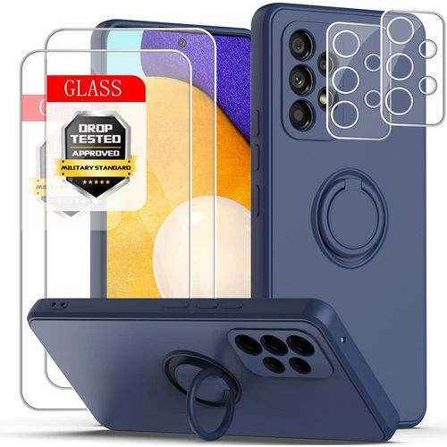 Coque De Protection Samsung Galaxy A52/A52s 5g Avec Support Magnétique 360°, 2 Verre Trempé 9h + 2 Protecteur Caméra, Silicone Liquide Anti-Choc Compatible 6,5"" Bleu