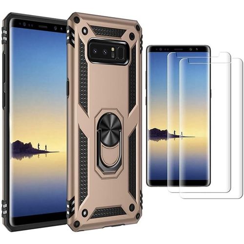 Coque De Protection Samsung Galaxy Note8 (2017) Avec 2 Verres Trempés, Support Rotatif 360°, Double Armure Tpu/Pc Antichoc Et Magnétique - Doré