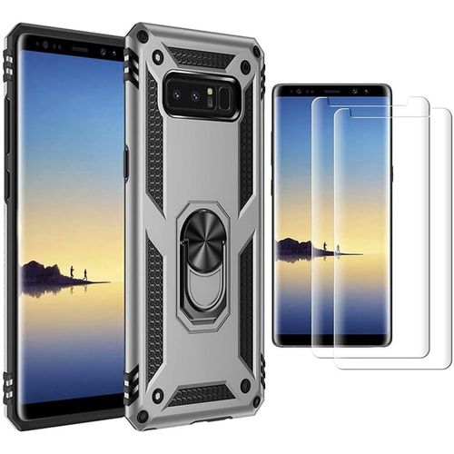 Coque De Protection Samsung Galaxy Note8 Avec Support Rotatif 360°, Écran Trempé 2x, Matériau Tpu/Pc Anti-Choc Militaire, Magnétique - Argent