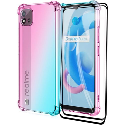 Coque De Protection Tpu Antichoc Avec Films Protecteurs Pour Realme C11 2021/C20a/C20 - Dégradé Transparent Anti-Rayures - Rose/Vert
