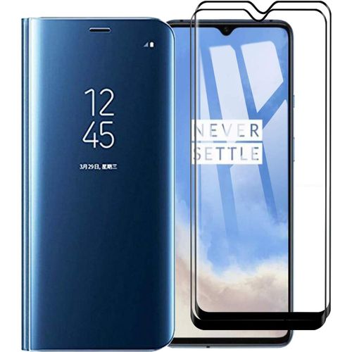 Coque De Protection Ultra Mince Anti-Choc Avec Support Intégré Et Design Miroir Flip Pour Oneplus 7t - Bleu + 2 Protections Écran En Verre Trempé