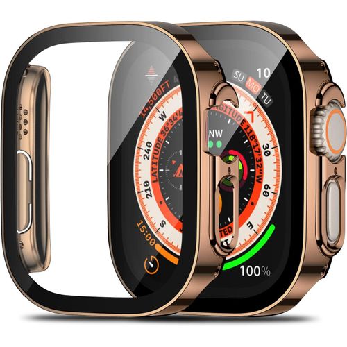 Coque De Protection Ultra Mince Avec Écran En Verre Trempé Pour Apple Watch Ultra 49mm - 2 Pack, Bord Anti-Rayures, Ajustement Précis - Or Rose
