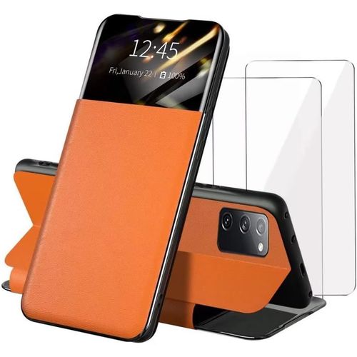 Coque De Protection Samsung Galaxy S20 Fe Verre Trempé Antichoc Avec Smart View, Support Pliable Et Miroir Élégant - 2 Pièces - Orange