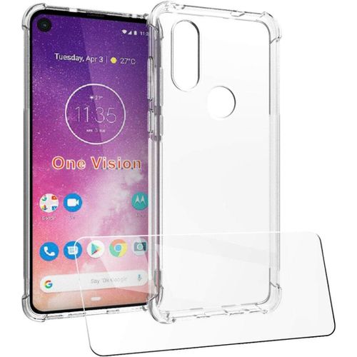 Coque De Protection Transparente Avec Verre Trempé 2 En 1 Pour Motorola One Vision (6,3"") - Silicone Souple Anti-Choc, Coin Renforcé, Haute Sensibilité Et Clarté