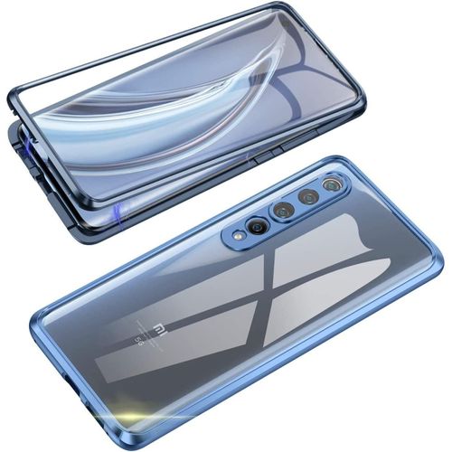 Coque De Protection Transparente Magnétique Pour Xiaomi Mi 10 Avec Cadre Métal, Verre Trempé 9h, Protection Caméra Intégrée Et Antichoc 360° - Bleu