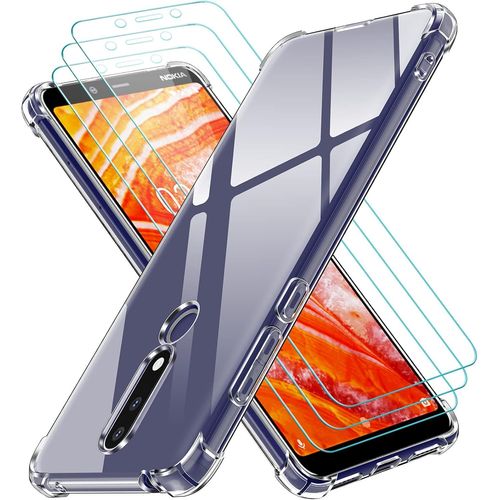 Coque De Protection Transparente Pour Nokia 3.1 Plus Avec Verre Trempé 9h Ultra-Fin, Tpu Souple Anti-Choc Et Design Anti-Rayures Avec Bordures Surélevées