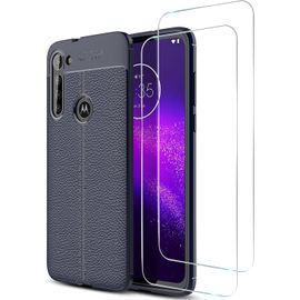 Coque De Protection Ultra Fine Pour Motorola Moto G8 Power - Étui Tpu Antidérapant Motif Litchi Avec Dissipation Thermique Et 2 Films Verre Trempé 9h - Bleu