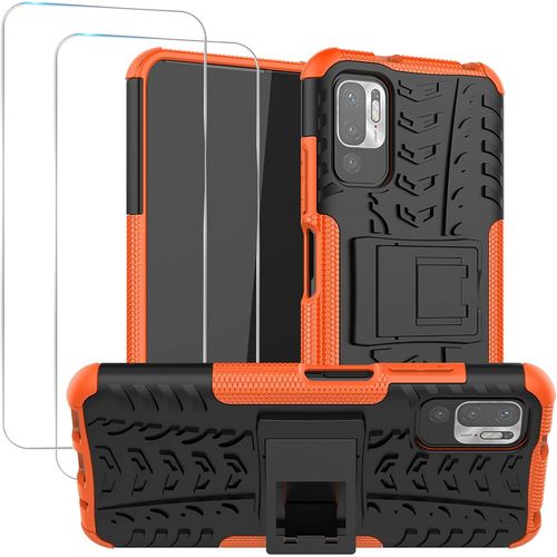 Coque De Protection Xiaomi Redmi Note 10 Double Couche Anti-Choc Anti-Rayures Avec Support Intégré Et 2 Écrans En Verre Trempé 9h - Orange