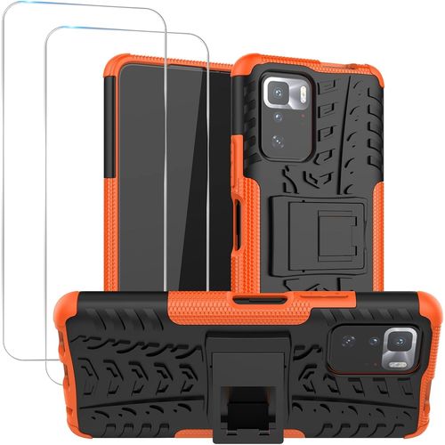 Coque De Protection Xiaomi Redmi Note 10 Pro 5g - Double Couche Antichoc Anti-Rayures, Design Antidérapant Avec Support Intégré + 2 Films En Verre Trempé 9h - Orange