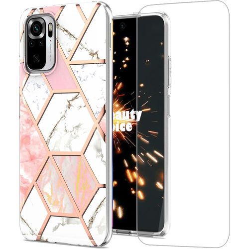 Coque De Protection Xiaomi Redmi Note 10s/10 4g Ultra Mince Antichoc Avec Verre Trempé Inclus, Housse Tpu Souple Motif Marbre Anti-Rayures - Rose Blanc