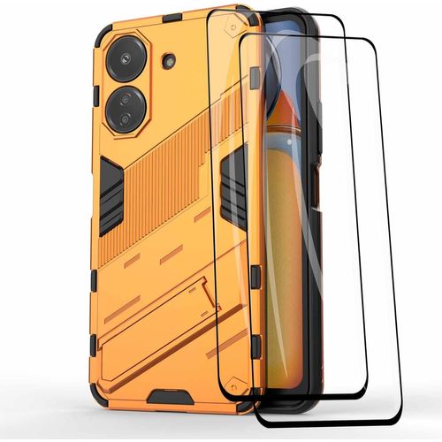 Coque De Protection Xiaomi Redmi 13c/Poco C65 Avec Support Intégré - Tpu Silicone + Pc Antichoc - 2 Verres Trempés Inclus - Design Punk - Orange