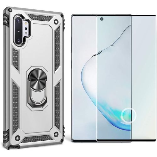 Coque Étui Avec Verre Trempé Intégré Pour Samsung Galaxy Note10 Plus/Note10/10 5g - Support Magnétique Voiture, Anneau Rotatif 360°, Protection 9h, Design Rigide (Argent)