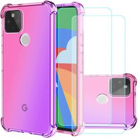 Coque Google Pixel 5 Avec 2 Protections Écran Verre Trempé - Tpu Anti-Rayures Transparente, Design Dégradé Rose/Violet, Absorption Des Chocs Et Profil Fin
