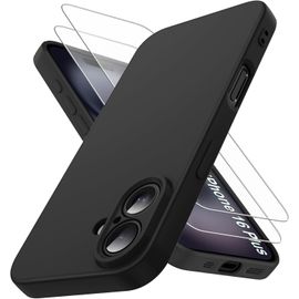 Coque Iphone 16 Plus Avec 2x Verre Trempé, Protection Caméra Surélevée - Housse Silicone Souple Antichoc Ultra Mince 1.35mm, Texture Mate Antidérapante Compatible Charge Sans Fil (6.7"", Noir)
