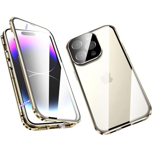 Coque Iphone 14 Pro Max Housse De Protection 360° Avec Verre Trempé Avant/Arrière, Cadre Métallique Magnétique, Compatible Chargeur Sans Fil Et Serrure Sécurité - Or