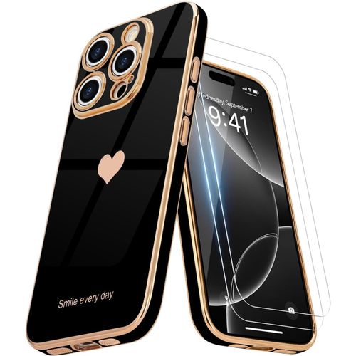 Coque Iphone 16 Pro Max Avec Films Protection Écran - Housse Anti-Choc Galvanisée Or, Design C?ur Féminin En Tpu Souple, Caméra Protégée Et Ajustement Précision - Noir