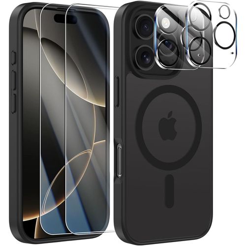 Coque Iphone 16 Pro Max 5 En 1 Magnétique Avec 2 Protections Caméra Et Verres Trempés ¿ Housse Antichoc Tpu Souple Bumper Anti-Rayures Compatible Magsafe ¿ Noir