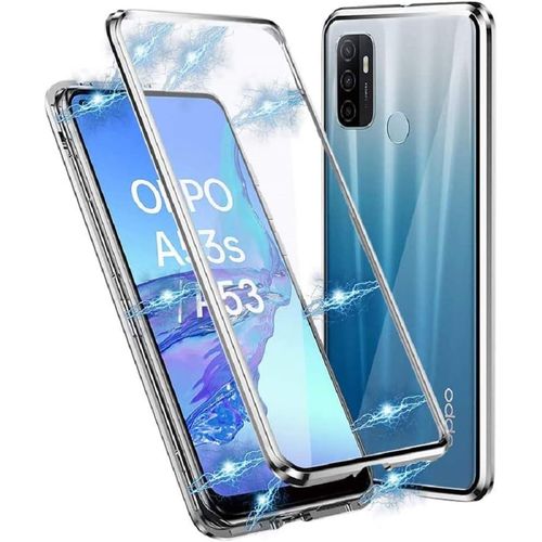 Coque Magnétique Pour Oppo A53/A53s Avec Double Verre Trempé, Protection 360°, Cadre Métallique Ultra Mince Compatible Charge Sans Fil - Argent