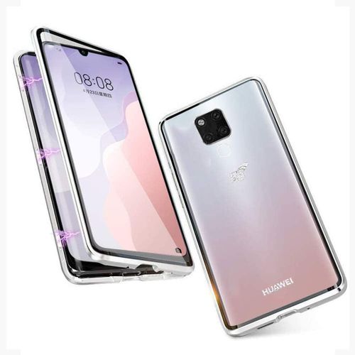 Coque Magnétique Pour Huawei Mate 20 X 5g - Étui Transparent Verre Trempé Double Face, Cadre Métal Antichoc 360°, Design Slim Compatible Charge Sans Fil - Argent