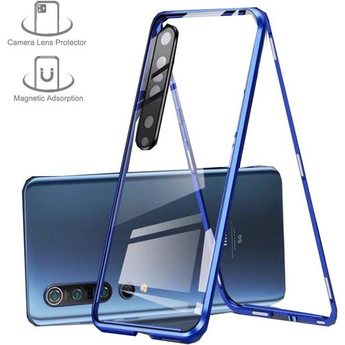 Coque Magnétique Avec Protecteur D'objectif Pour Xiaomi Mi 10 - Double Verre Trempé 9h, Cadre Métallique Anti-Choc 360°, Compatible Charge Sans Fil - Bleu