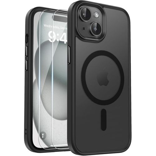 Coque Iphone 15 Magnétique Compatible Magsafe Avec 2 Verres Trempés - Étui Ultra-Mince Translucide Mat, Protection Militaire Antichoc Et Anti-Glissement - Noir