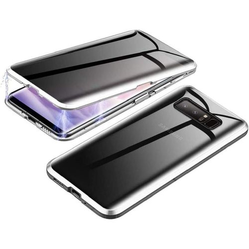 Coque Magnétique Anti-Espion Pour Samsung Galaxy Note 8 Avec Verre Trempé, Cadre Métal Protection 360°, Découpes Précises, Argent