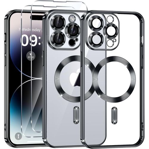 Coque Magnétique Pour Iphone 14 Pro - Housse Anti-Choc Militaire Avec Verre Trempé, Silicone Transparent Anti-Rayures Et Anti-Jaunissement, Compatible Chargeur Magsafe Et Accessoires Magnétiques