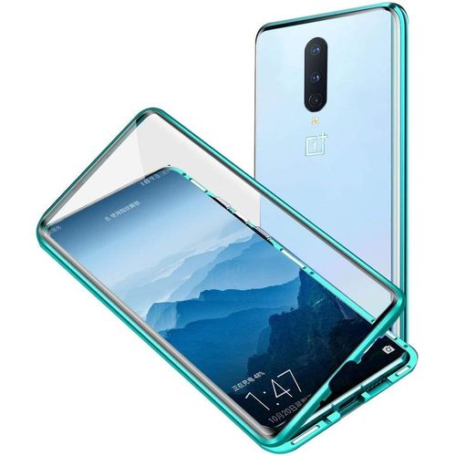 Coque Magnétique Oneplus 8 (6,55"") Double Verre Trempé 9h, Cadre Métal Antichoc, Dos Transparent Hd, Slim Fit Compatible Charge Sans Fil - Vert