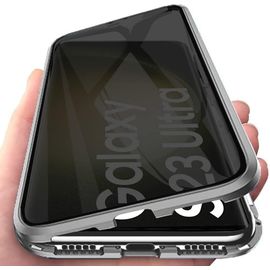 Coque Magnétique Anti-Espion Pour Samsung Galaxy S23 Ultra, Double Face Verre Trempé Avec Cadre Métallique 360° Protection Anti-Choc Et Anti-Rayures, Gris