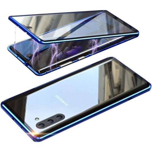 Coque Magnétique Samsung Galaxy Note10 Double Verre Trempé 9h, Cadre Métal Antichoc Avec Protection 360°, Transparente Compatible Charge Sans Fil - Bleu