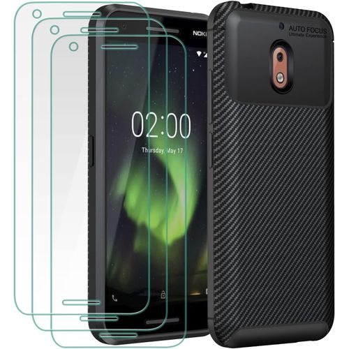 Coque Protection Nokia 2.1 En Fibre De Carbone Avec Tpu Souple Antichoc - 3 Verres Trempés Inclus - Design Ultra-Mince Anti-Rayures (Noir)