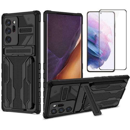 Coque Protection Samsung Galaxy Note20 Ultra 2020 6.9"" Avec Verre Trempé, Support Intégré, 3 Fentes Cartes, Découpe Précise - Double Couche Tpu + Pc - Noir