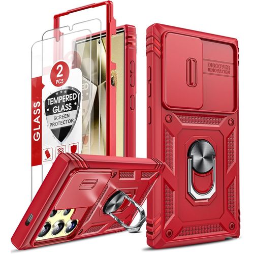 Coque Pour Samsung Galaxy S24 Ultra 5g Housse De Protection Anti-Chute Avec Verre Trempé 2x Et Anneau Support - Pc Dur Renforcé Armure Caméra Intégrale (Découpe Précise, Anti-Empreintes) - Rouge