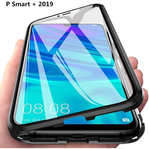 Coque Pour Huawei P Smart Plus 2019 Avec Adsorption Magnétique, Double Verre Trempé Et Cadre Aluminium - Protection 360° Anti-Choc - Compatible Charge Sans Fil - Noir