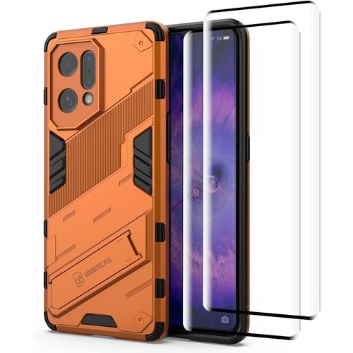 Coque Pour Oppo Find X5 Antichoc Militaire Avec Support Intégré Invisible, 2 Protections D'écran En Verre Trempé 9h Anti-Rayures - Orange