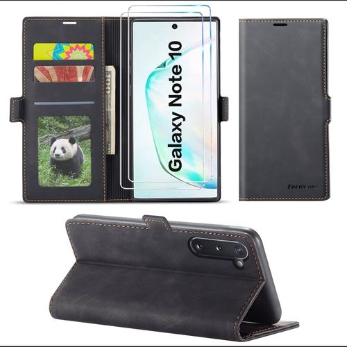 Coque Portefeuille Pu Cuir Magnétique Pour Samsung Galaxy Note10 Avec Verre Trempé, Support Réglable Et Protection Anti-Choc - Noir