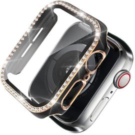 Coque Protecteur Pour Apple Watch Series 8 41mm Avec Diamants Artificiels, Ultra Mince Anti-Rayures, Protection Écran Durable En Pc Mat - 2 Pack Noir/Rose Or