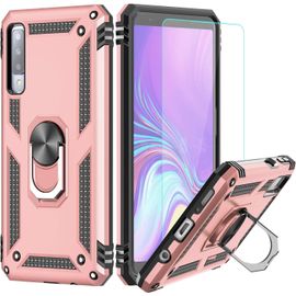 Coque Protection Samsung Galaxy A7 2018 Housse Antichoc Avec Anneau Magnétique Rotatif 360°, Double Couche Pc Dur + Tpu Silicone, Design Militaire, Support Intégré, Rose Doré