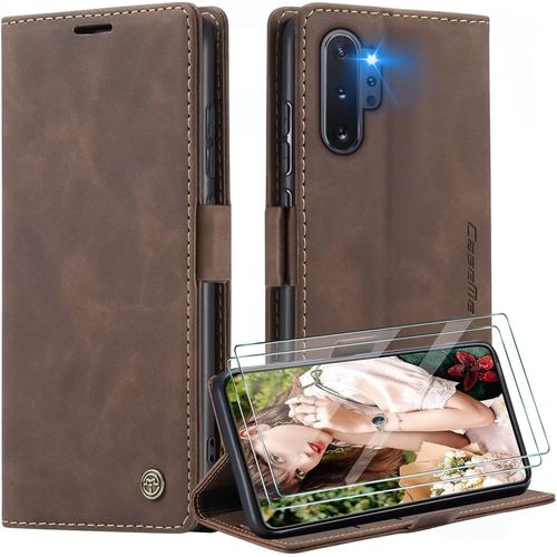 Coque Portefeuille En Cuir Pu Avec Support Intégré Pour Samsung Galaxy Note10 Plus, Housse De Protection Anti-Chocs Fermeture Magnétique - 2 Verres Trempés Inclus (Café)