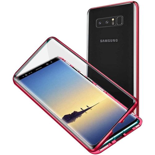 Coque Magnétique Transparente Pour Samsung Galaxy Note 8 Avec Double Verre Trempé 9h, Cadre Métal Antichoc Et Protection 360° Compatible Charge Sans Fil - Rouge