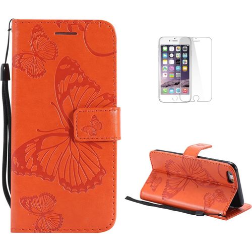 Coque Portefeuille En Cuir Pu Pour Iphone 6s Plus/6 Plus Avec Film Protection Écran, Motif Papillon Rétro Et Porte-Cartes Intégré - Orange