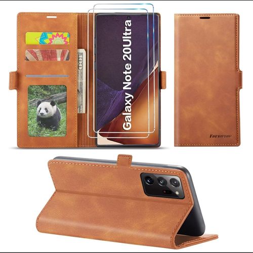 Coque Portefeuille Magnétique Samsung Galaxy Note20 Ultra Avec Verre Trempé, 3 Emplacements Carte, Support Réglable Et Protection Anti-Choc - Housse Cuir Pu Jaune