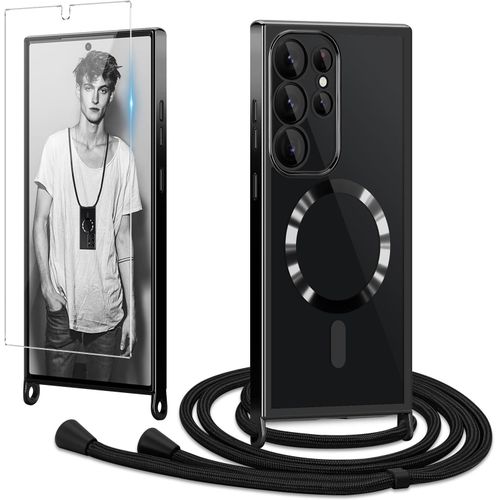 Coque Magnétique Transparente Tpu Pour Samsung Galaxy S24 Ultra 5g Avec Cordon Amovible + Verre Trempé Inclus - Protection Antichoc, Compatible Accessoires Magnétiques (Noir)