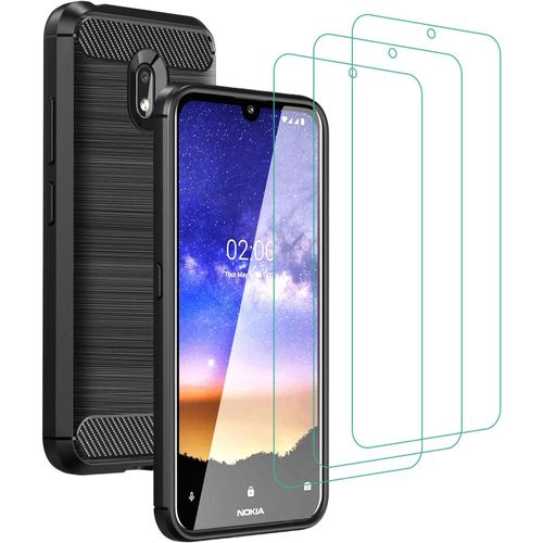 Coque Nokia 2.2 Avec 3 Écrans Verre Trempé 9h - Housse Tpu Souple Fibre De Carbone Antichoc Anti-Rayures, Protection Intégrale Ultra Mince Léger