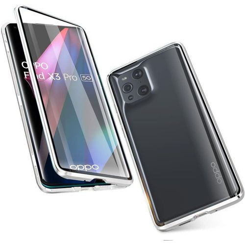 Coque Magnétique Verre Trempé Double Face Pour Oppo Find X3/X3 Pro, Cadre Métallique Avec Protection Caméra Arrière 360° Et Support Charge Sans Fil - Argent